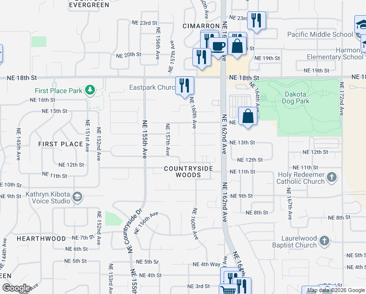 map of restaurants, bars, coffee shops, grocery stores, and more near 15721 Northeast 13th Way in Vancouver