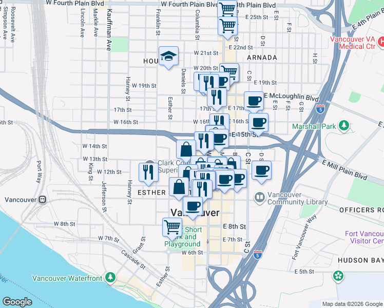 map of restaurants, bars, coffee shops, grocery stores, and more near 1300 Columbia Street in Vancouver