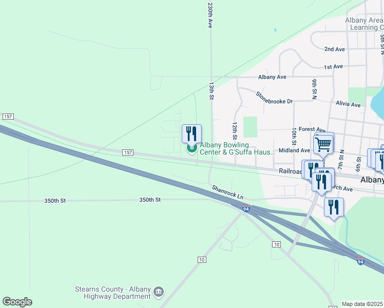 map of restaurants, bars, coffee shops, grocery stores, and more near 1401 Railroad Avenue in Albany