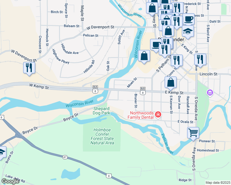 map of restaurants, bars, coffee shops, grocery stores, and more near 708 Bruns Drive in Rhinelander