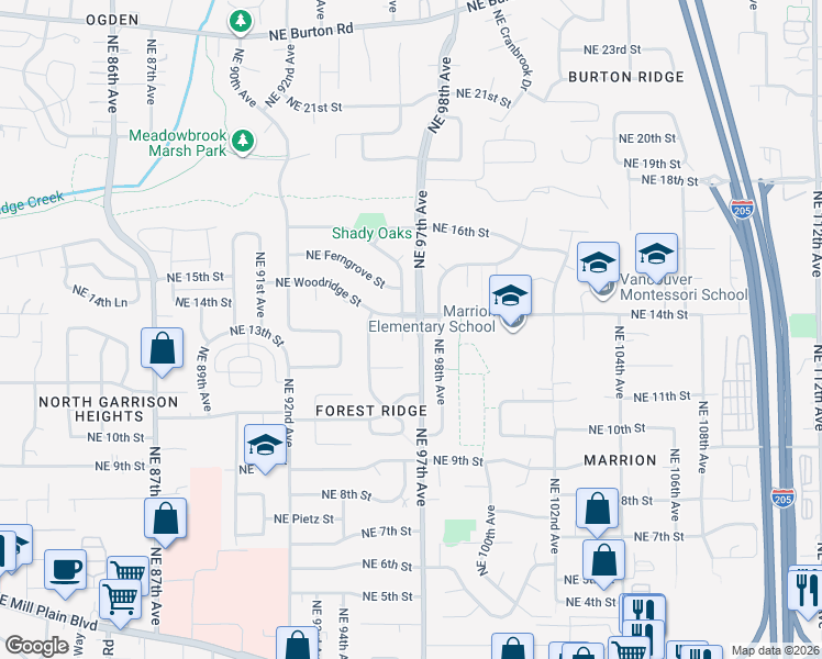 map of restaurants, bars, coffee shops, grocery stores, and more near 1315 Northeast Knollcrest Avenue in Vancouver