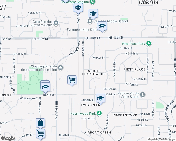map of restaurants, bars, coffee shops, grocery stores, and more near 13921 Northeast 13th Street in Vancouver