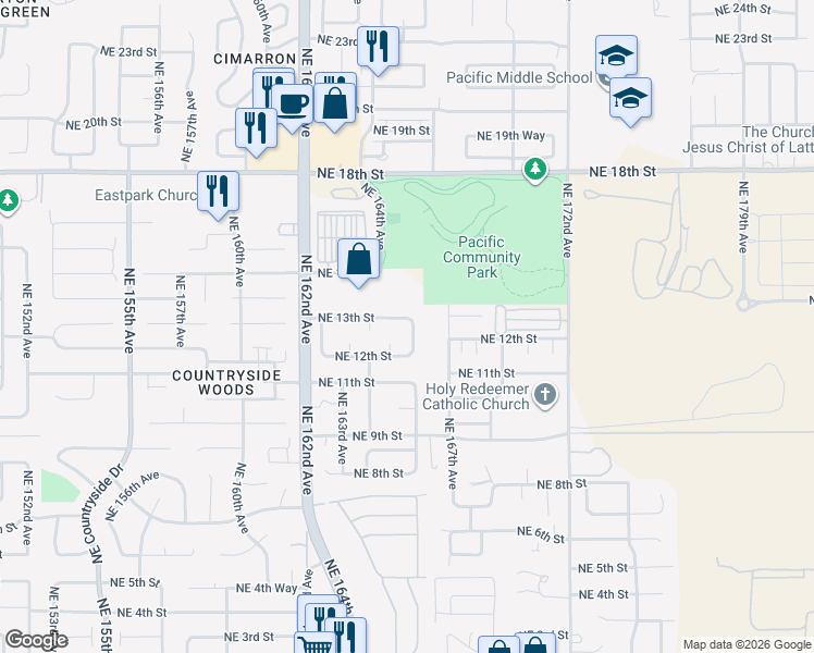 map of restaurants, bars, coffee shops, grocery stores, and more near 16513 Northeast 13th Street in Vancouver