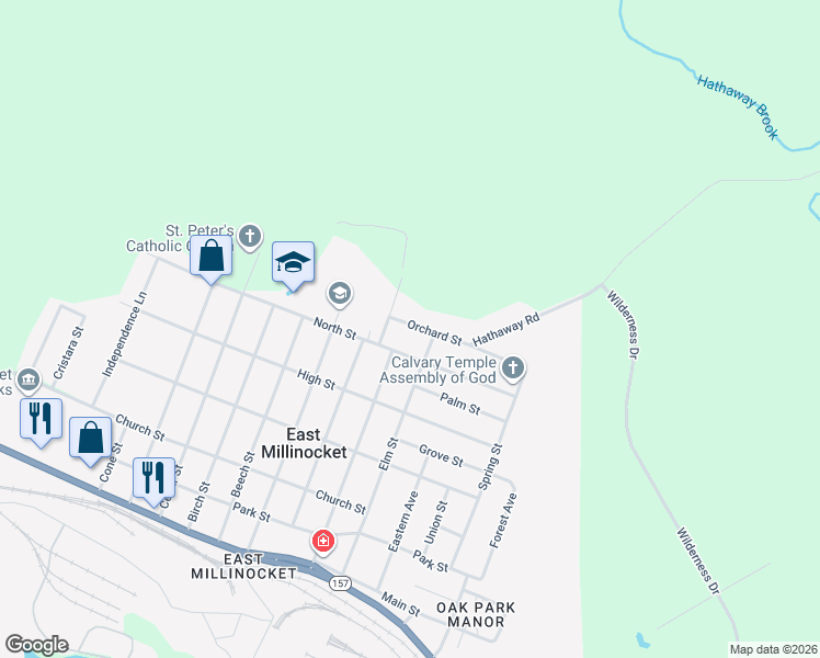 map of restaurants, bars, coffee shops, grocery stores, and more near 26 Orchard Street in East Millinocket