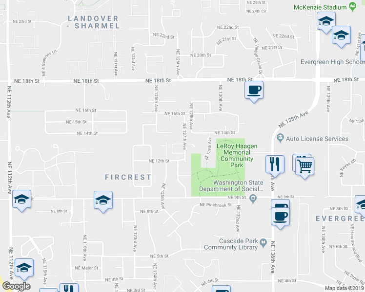 map of restaurants, bars, coffee shops, grocery stores, and more near 12615 Northeast 13th Way in Vancouver