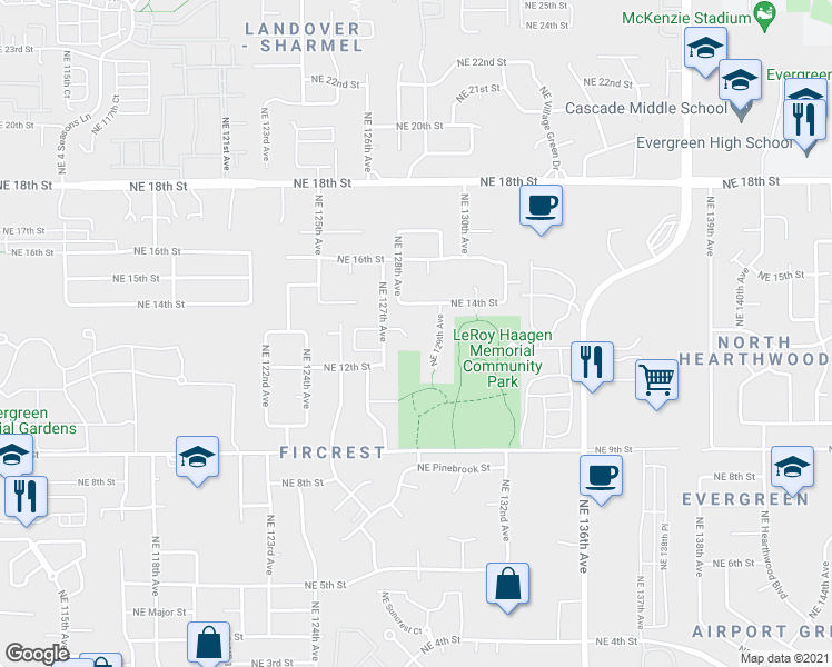 map of restaurants, bars, coffee shops, grocery stores, and more near 12710 Northeast 13th Circle in Vancouver