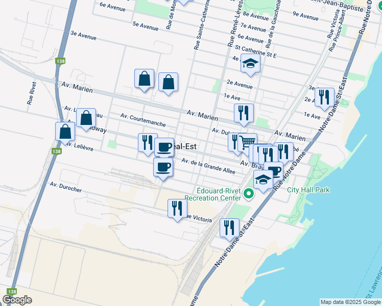map of restaurants, bars, coffee shops, grocery stores, and more near in Montréal-Est