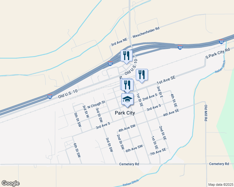 map of restaurants, bars, coffee shops, grocery stores, and more near 17 1st Street Southwest in Park City