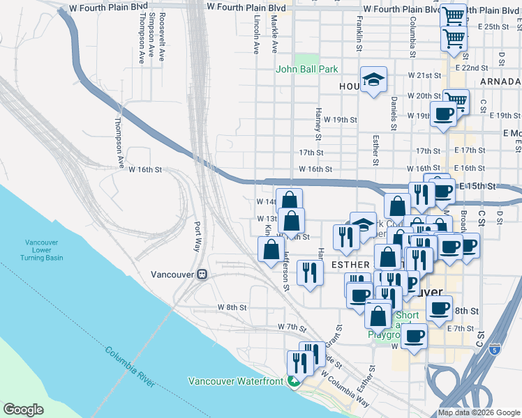 map of restaurants, bars, coffee shops, grocery stores, and more near 1200 West 13th Street in Vancouver