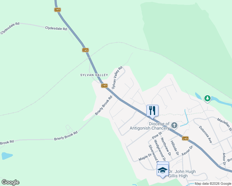 map of restaurants, bars, coffee shops, grocery stores, and more near 250 Hawthorne Street in Antigonish