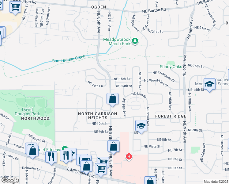 map of restaurants, bars, coffee shops, grocery stores, and more near 8710 Northeast 13th Street in Vancouver
