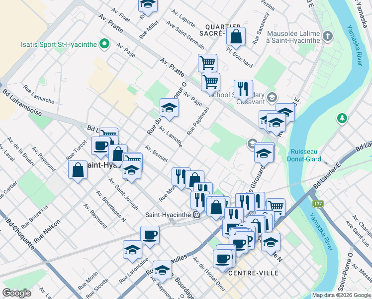 map of restaurants, bars, coffee shops, grocery stores, and more near 2182 Avenue Lamothe in Saint-Hyacinthe