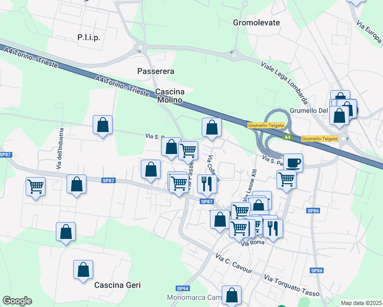 map of restaurants, bars, coffee shops, grocery stores, and more near 8A Via Passerera in Telgate