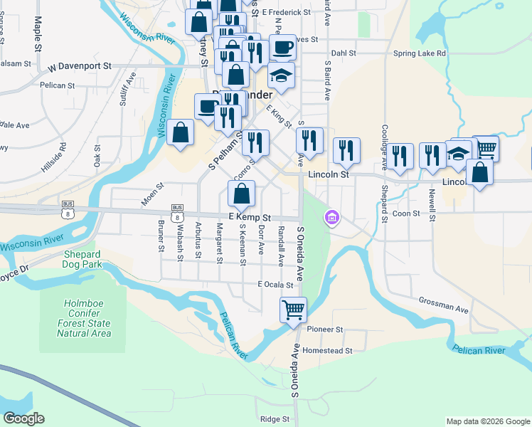 map of restaurants, bars, coffee shops, grocery stores, and more near 303 East Kemp Street in Rhinelander