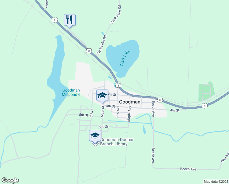 map of restaurants, bars, coffee shops, grocery stores, and more near 404 Mill Street in Goodman