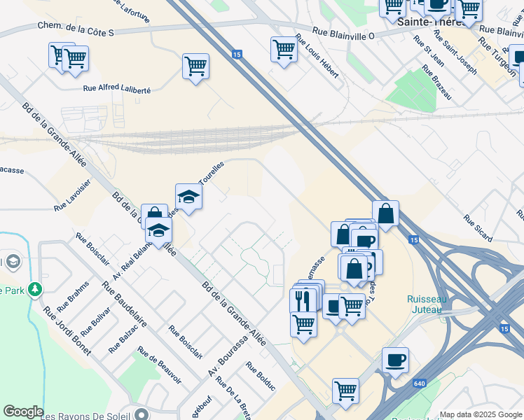 map of restaurants, bars, coffee shops, grocery stores, and more near 1900 Rue des Francs-Bourgeois in Boisbriand
