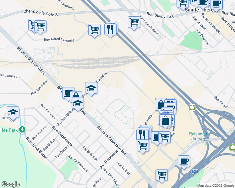 map of restaurants, bars, coffee shops, grocery stores, and more near 1900 Rue des Francs-Bourgeois in Boisbriand