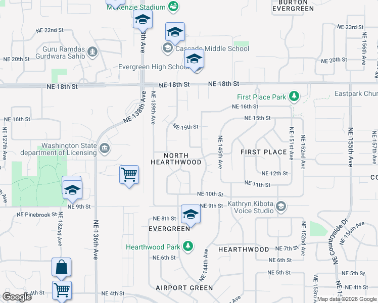 map of restaurants, bars, coffee shops, grocery stores, and more near 14201 Northeast 14th Street in Vancouver