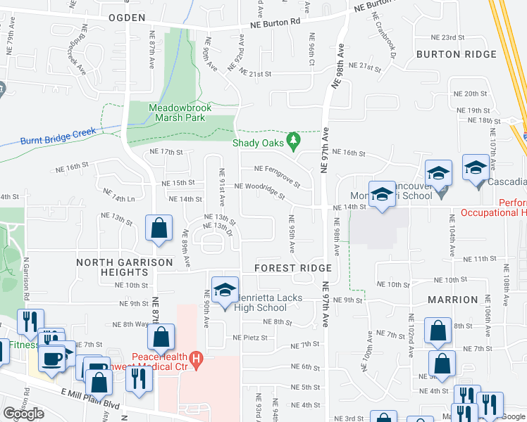 map of restaurants, bars, coffee shops, grocery stores, and more near 9308 Northeast 14th Way in Vancouver
