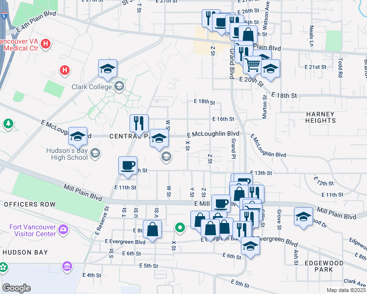 map of restaurants, bars, coffee shops, grocery stores, and more near 1332 X Street in Vancouver