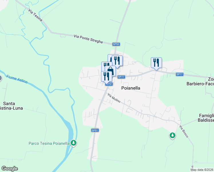 map of restaurants, bars, coffee shops, grocery stores, and more near 312 Piazza Marconi in Poianella