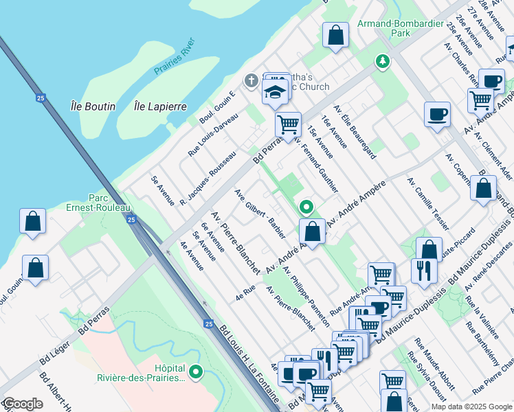map of restaurants, bars, coffee shops, grocery stores, and more near 12363 Avenue Gilbert Barbier in Montréal