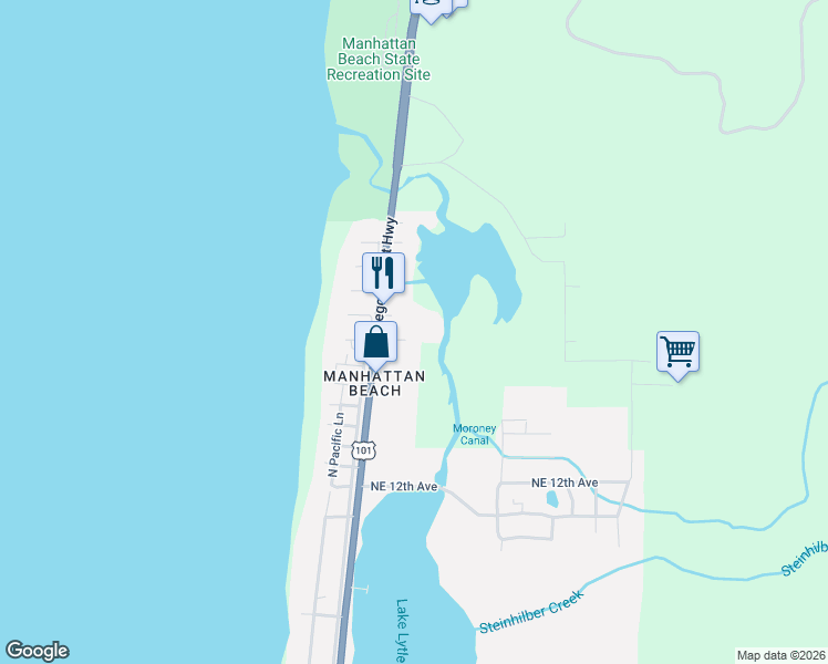 map of restaurants, bars, coffee shops, grocery stores, and more near 166 Northeast 19th Avenue in Rockaway Beach