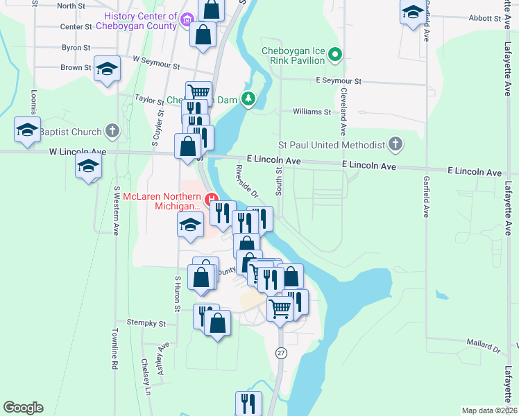 map of restaurants, bars, coffee shops, grocery stores, and more near 186 Riverside Drive in Cheboygan