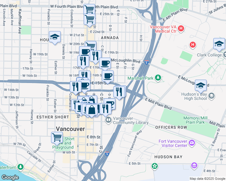 map of restaurants, bars, coffee shops, grocery stores, and more near 400 East Mill Plain Boulevard in Vancouver