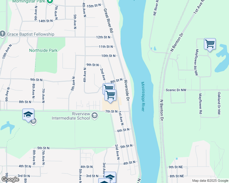 map of restaurants, bars, coffee shops, grocery stores, and more near 711 1st Avenue North in Sartell