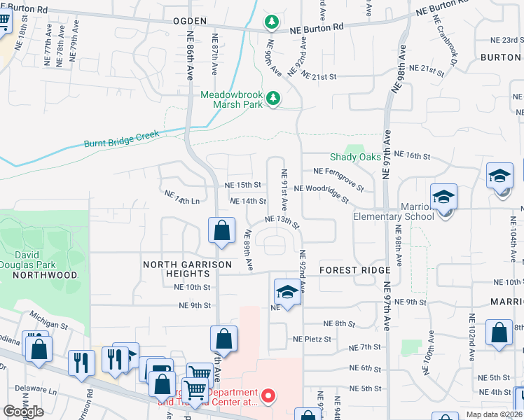 map of restaurants, bars, coffee shops, grocery stores, and more near 1306 Northeast 90th Avenue in Vancouver