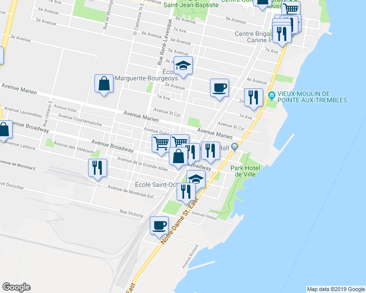 map of restaurants, bars, coffee shops, grocery stores, and more near 57 Avenue Laurendeau in Montréal-Est