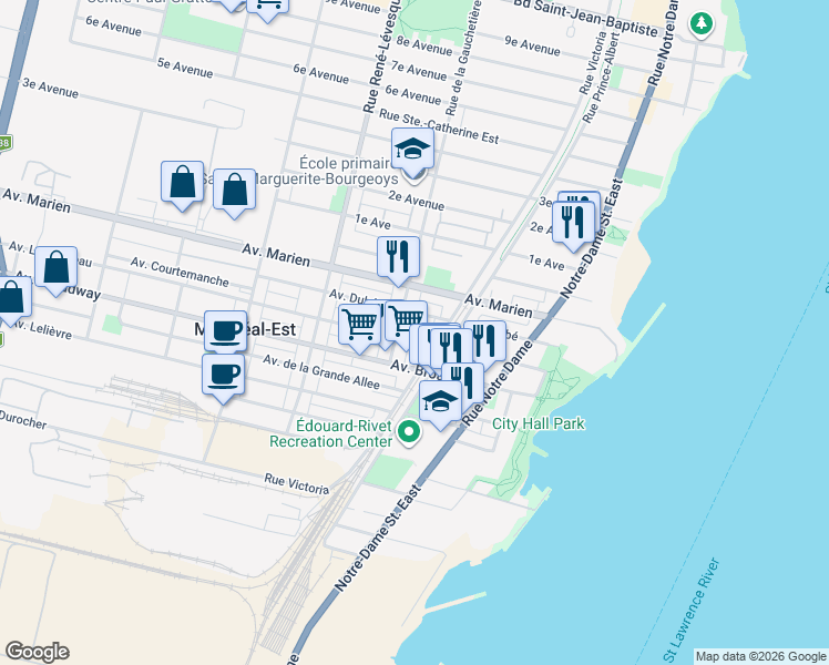 map of restaurants, bars, coffee shops, grocery stores, and more near 57 Avenue Laurendeau in Montréal-Est