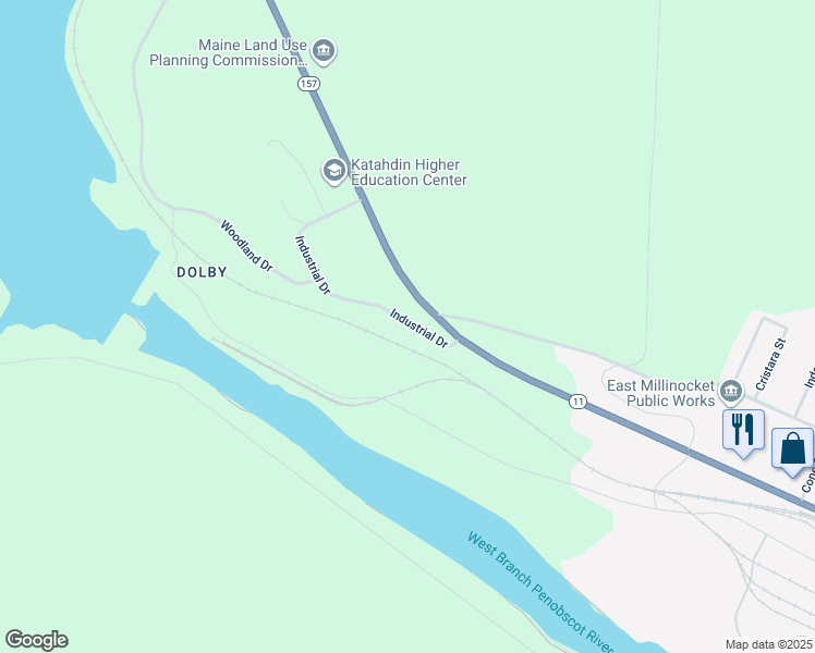map of restaurants, bars, coffee shops, grocery stores, and more near 65 Industrial Drive in East Millinocket