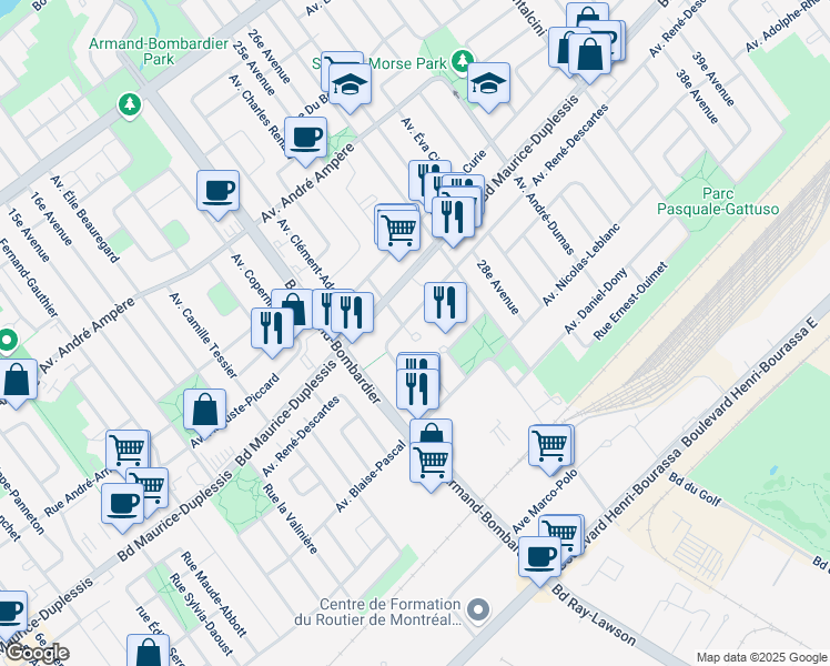 map of restaurants, bars, coffee shops, grocery stores, and more near Place Clément Ader in Montreal