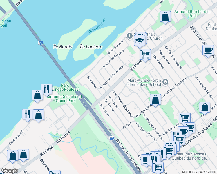 map of restaurants, bars, coffee shops, grocery stores, and more near 12500 Avenue Pierre-Blanchet in Montréal