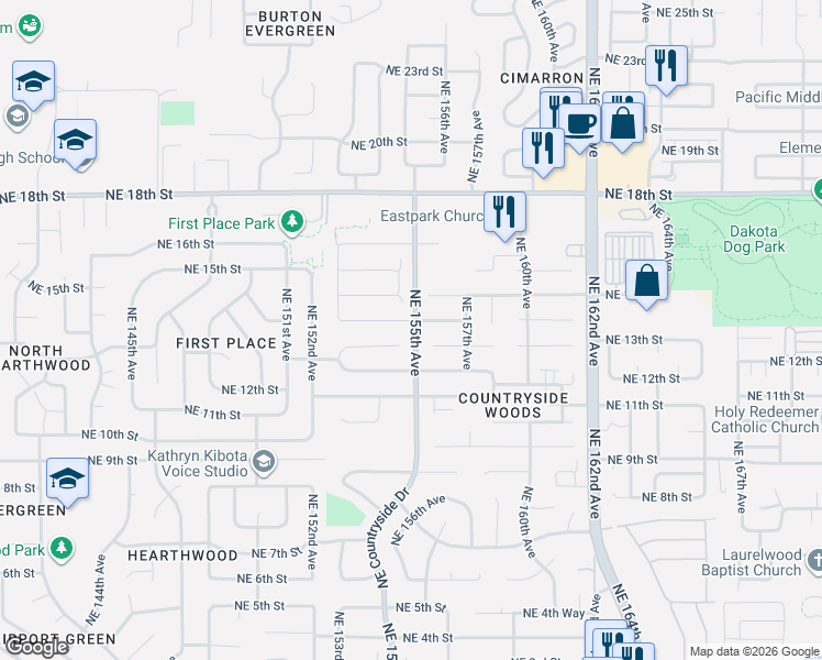 map of restaurants, bars, coffee shops, grocery stores, and more near 15501 Northeast 13th Way in Vancouver