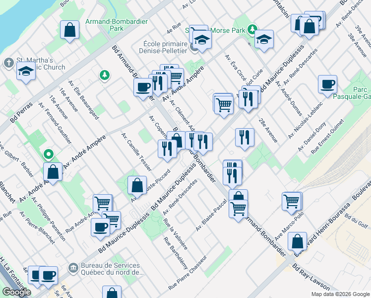 map of restaurants, bars, coffee shops, grocery stores, and more near 12016 Boulevard Armand-Bombardier in Montrã©Al