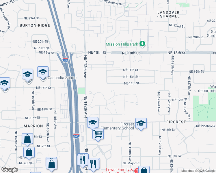 map of restaurants, bars, coffee shops, grocery stores, and more near 11507 Northeast 14th Street in Vancouver