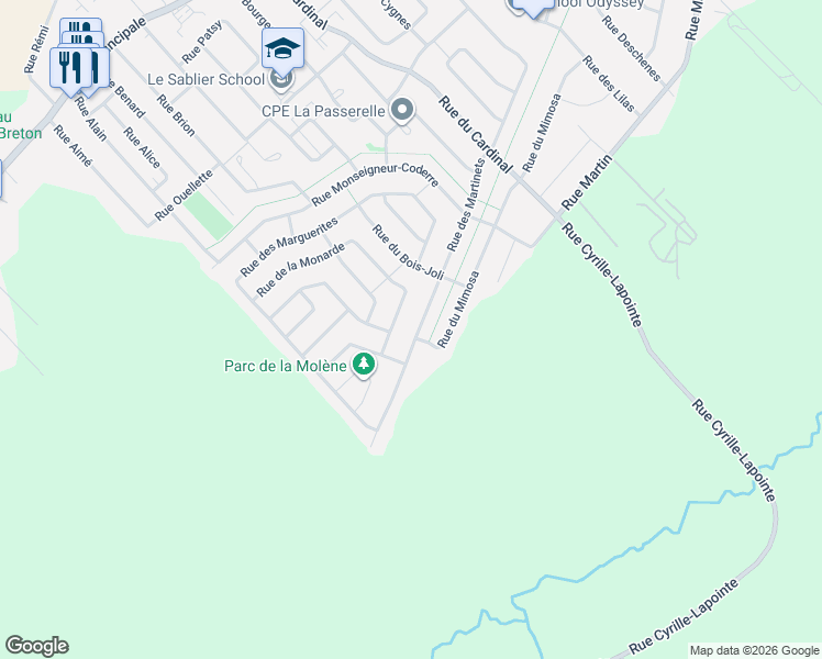 map of restaurants, bars, coffee shops, grocery stores, and more near 433 Rue des Martinets in Saint-Amable