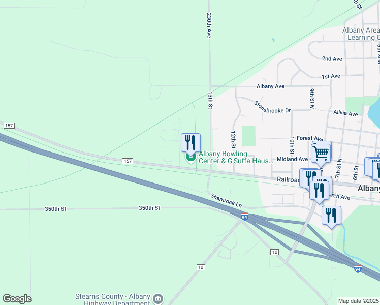 map of restaurants, bars, coffee shops, grocery stores, and more near 1401-1411 Railroad Avenue in Albany