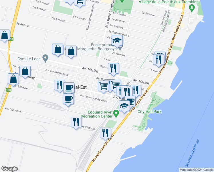 map of restaurants, bars, coffee shops, grocery stores, and more near 69 Avenue Laurendeau in Montréal-Est