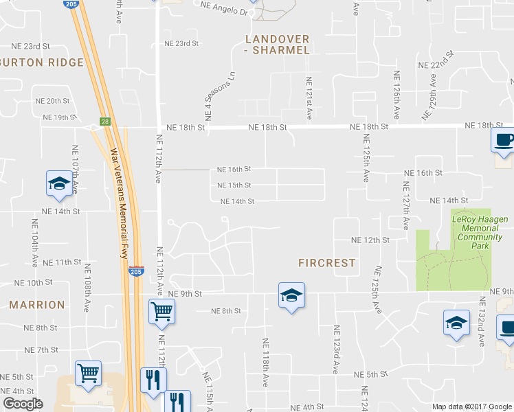 map of restaurants, bars, coffee shops, grocery stores, and more near 11801 Northeast 14th Street in Vancouver