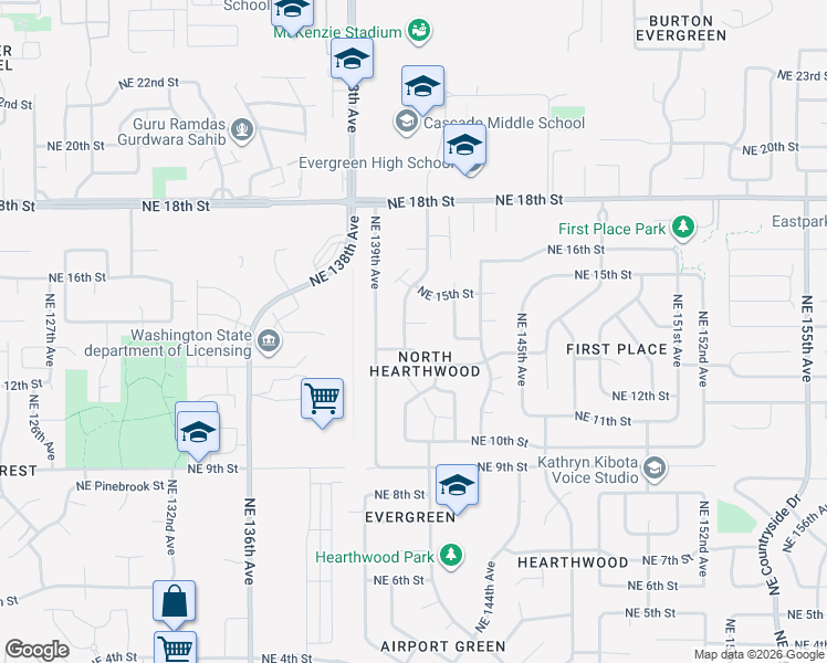 map of restaurants, bars, coffee shops, grocery stores, and more near 13921 Northeast 13th Street in Vancouver