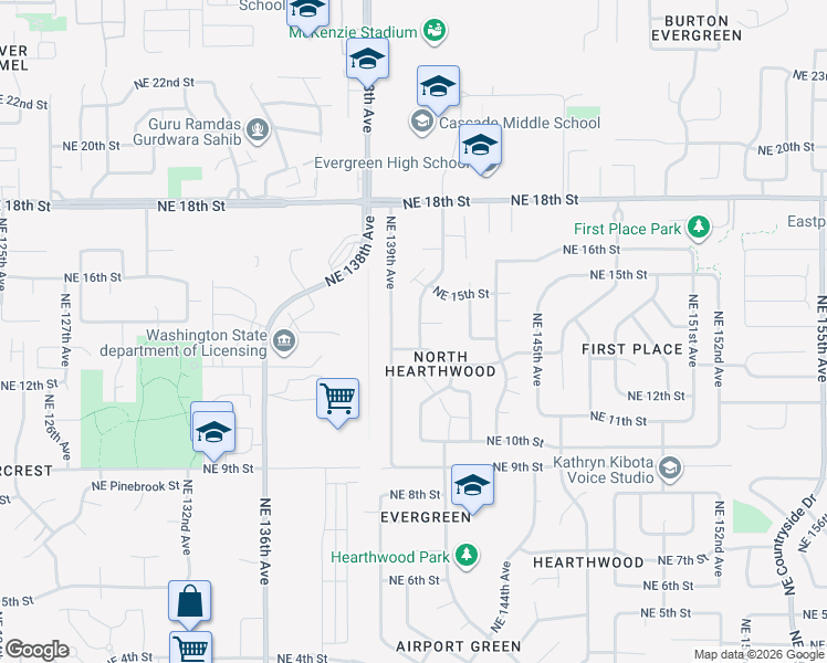 map of restaurants, bars, coffee shops, grocery stores, and more near 13921 Northeast 13th Street in Vancouver
