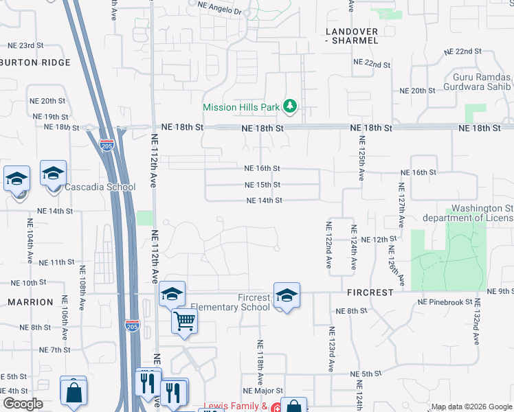map of restaurants, bars, coffee shops, grocery stores, and more near 11801 Northeast 14th Street in Vancouver