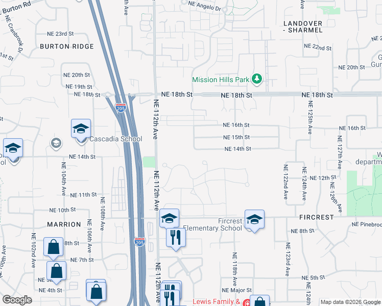 map of restaurants, bars, coffee shops, grocery stores, and more near 11507 Northeast 14th Street in Vancouver