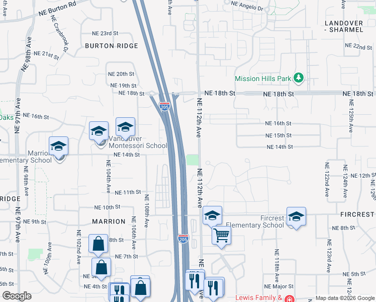 map of restaurants, bars, coffee shops, grocery stores, and more near 11105 Northeast 14th Street in Vancouver