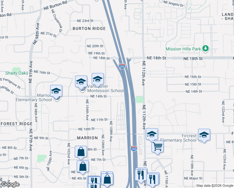 map of restaurants, bars, coffee shops, grocery stores, and more near 1305 Northeast 108th Avenue in Vancouver