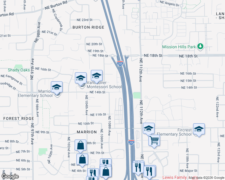 map of restaurants, bars, coffee shops, grocery stores, and more near 1305 Northeast 108th Avenue in Vancouver